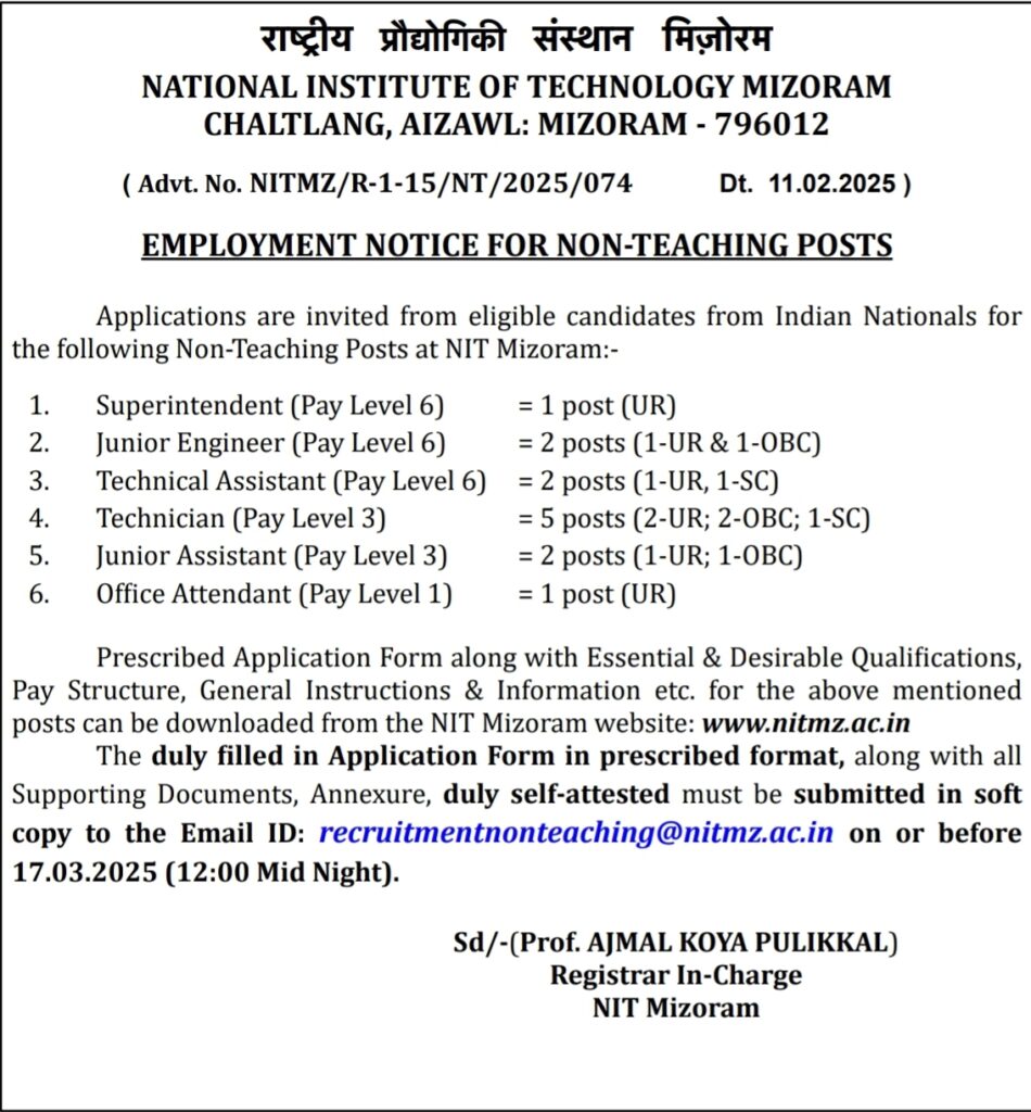 NIT Mizoram Recruitment 2025