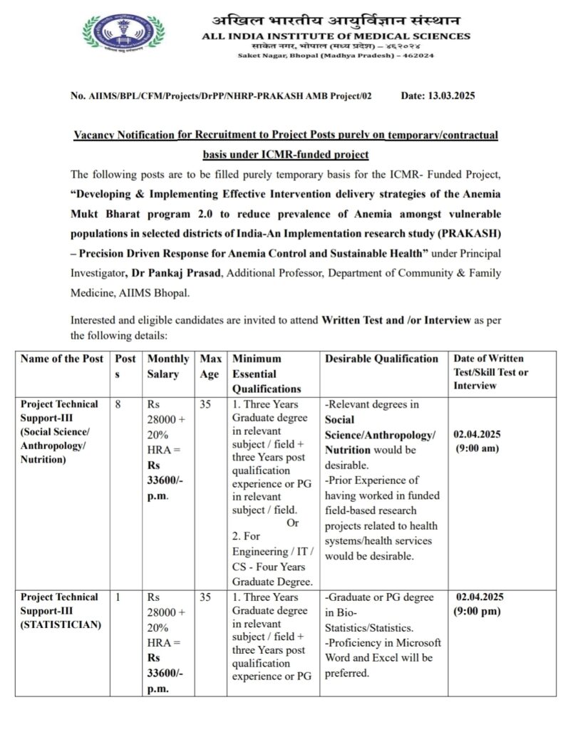 AIIMS Bhopal Recruitment 2025 Last Date 31th March