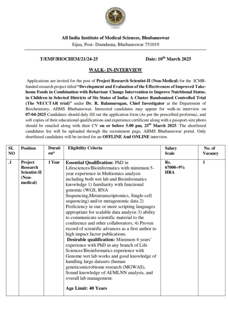 AIIMS Bhubaneswar Recruitment 2025 Walk In Interview Last Date 25th March