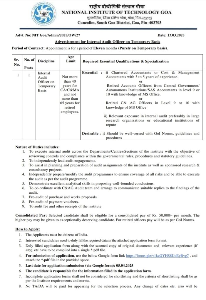 NIT Goa Recruitment 2025 Last Date 5th April
