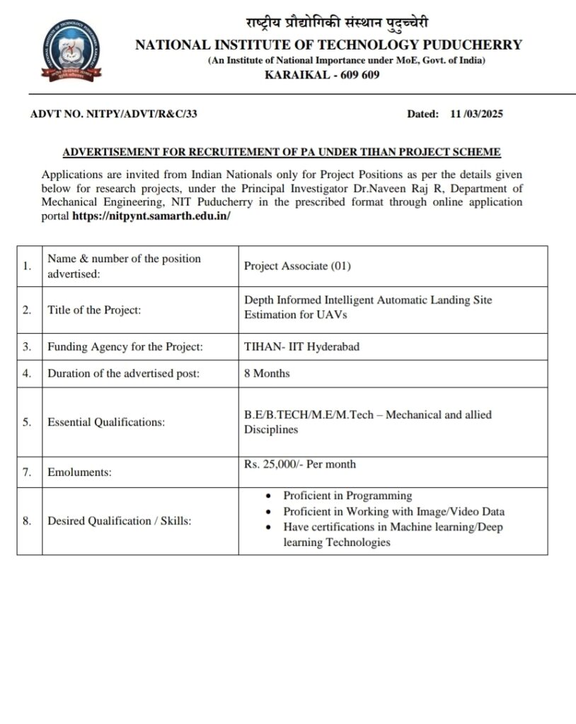 NITPY Puducherry Recruitment 2025 Last Date 25th March Project Associate
