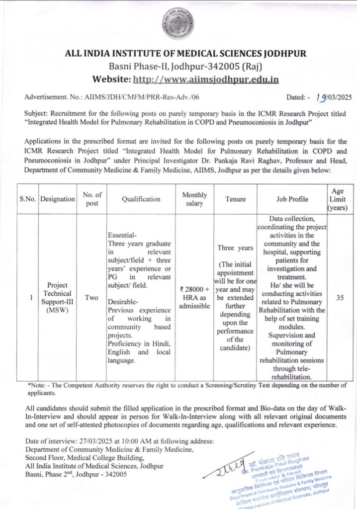 AIIMS Jodhpur Walk In Interview 2025 MSW 27th March