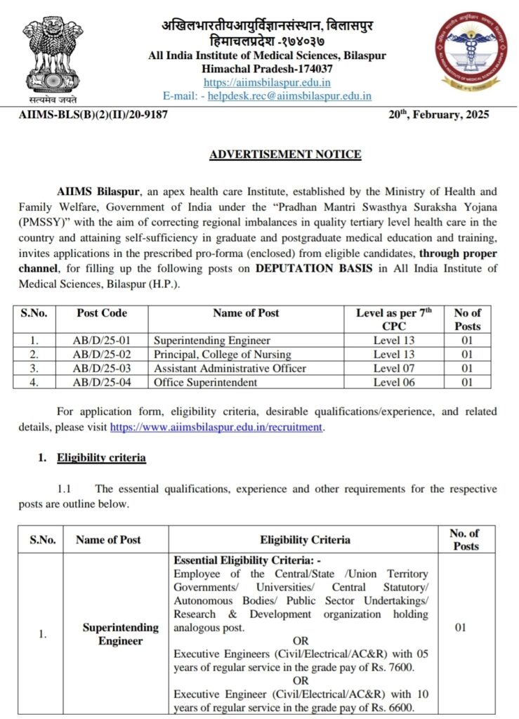 AIIMS Bilaspur Recruitment 2025 On Various Post Last date 31st March