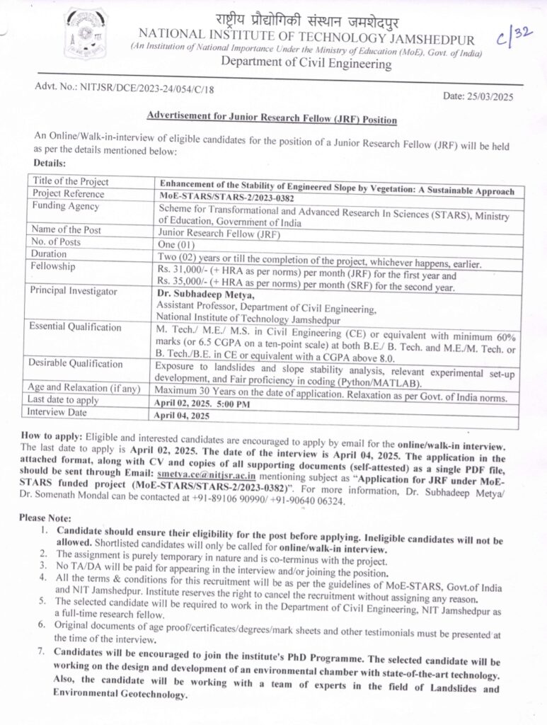 NIT Jamshedpur JRF Recruitment 2025, Last Date 02nd April