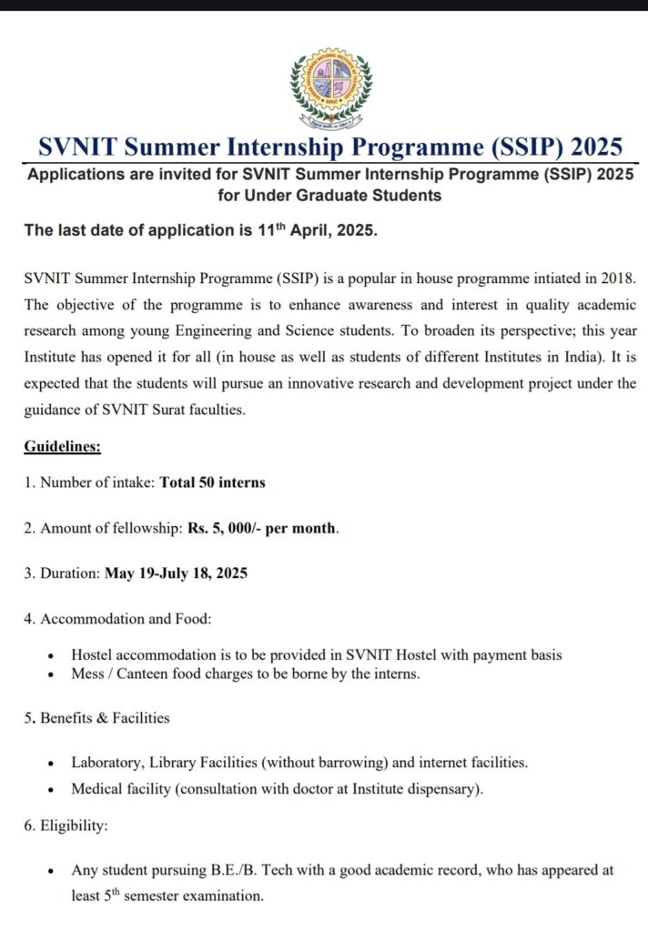 SVNIT Surat Summer Internship Programme SSIP 2025, 11th April