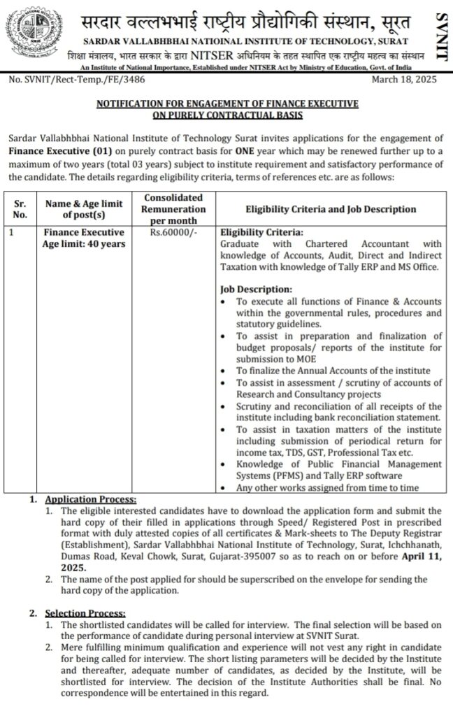 SVNIT Surat Finance Executive Recruitment 2025, 11th April