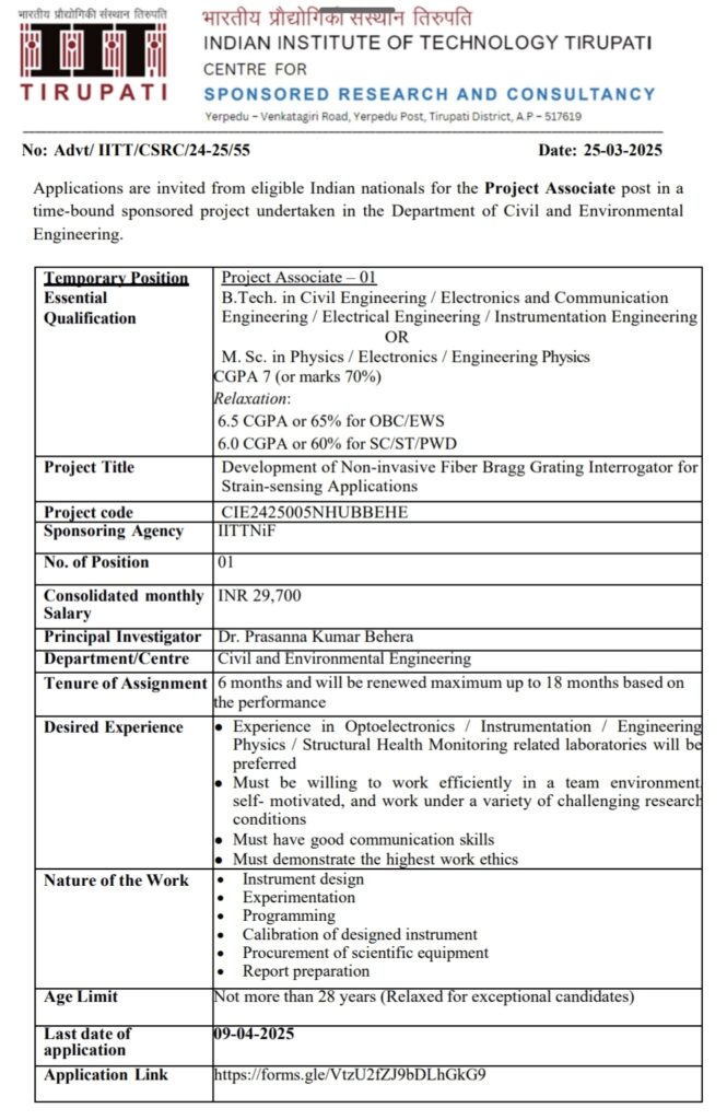 IIT Tirupati Project Associate Recruitment 2025 09th April 