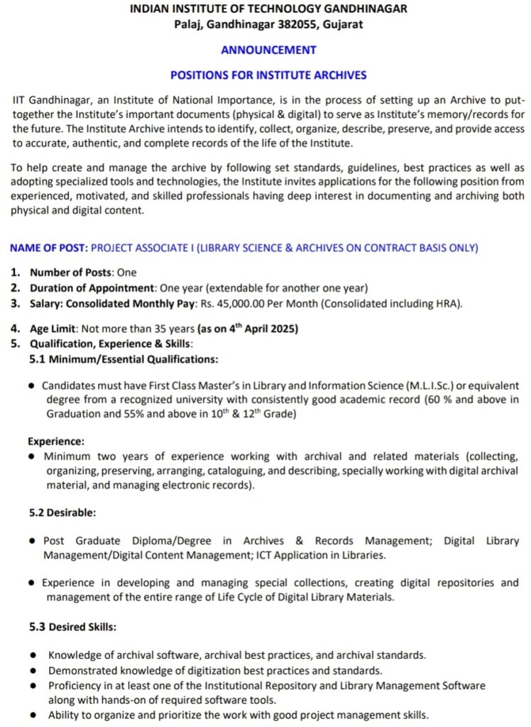 IIT Gandhinagar Project Associate Recruitment 2025 04th April