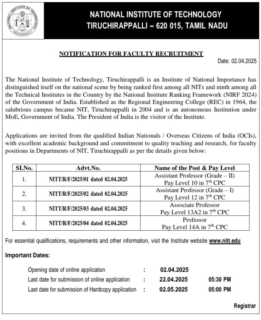 NIT Trichy Faculty Recruitment 2025, 22th April