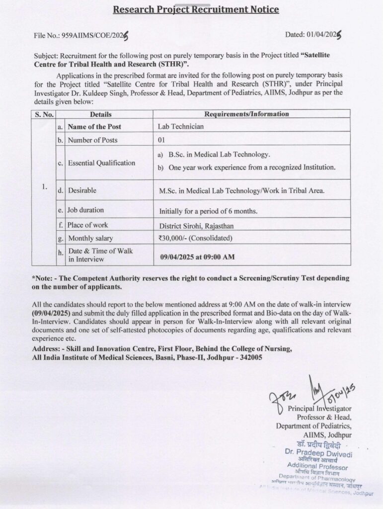 AIIMS Jodhpur Recruitment 2025, Lab Technician