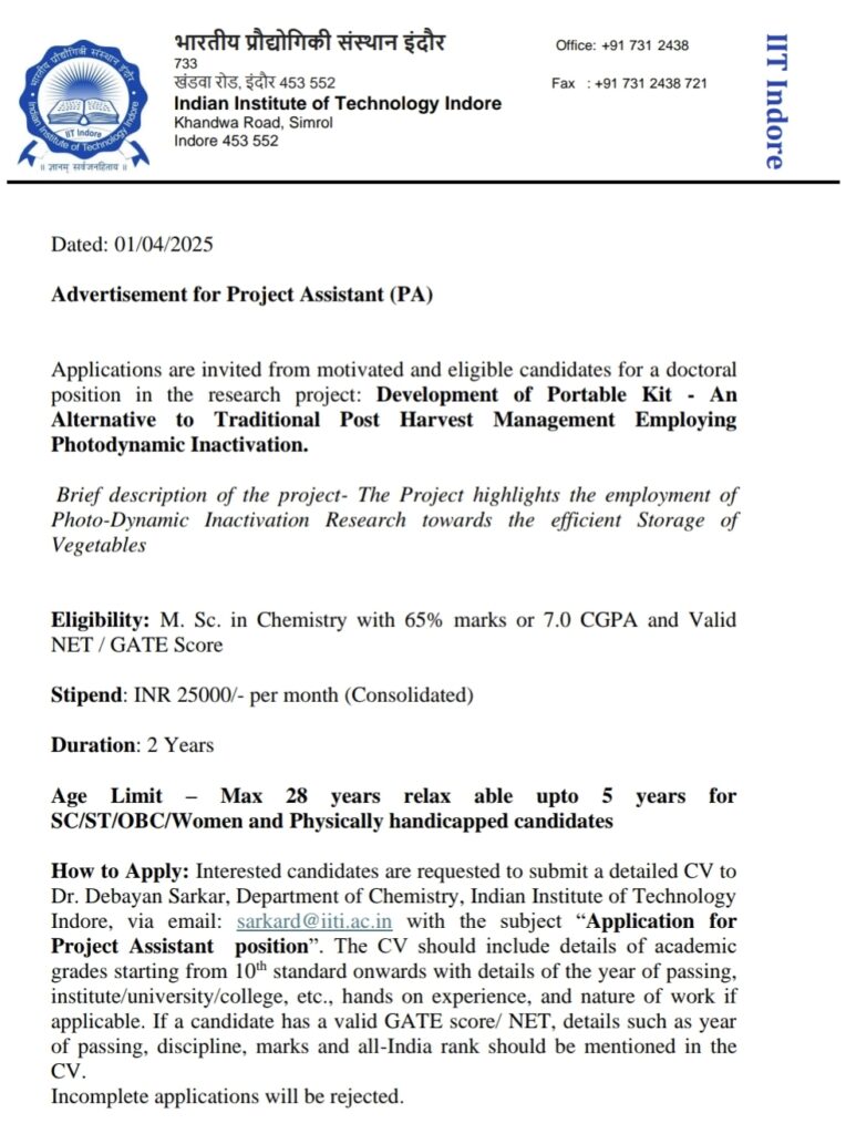 IIT Indore Recruitment 2025, Project Assistant 09th April