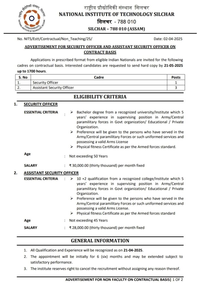 NIT Silchar Recruitment 2025, 21st May