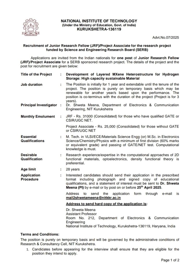 NIT Kurukshetra JRF/PA Recruitment 2025, 25th April