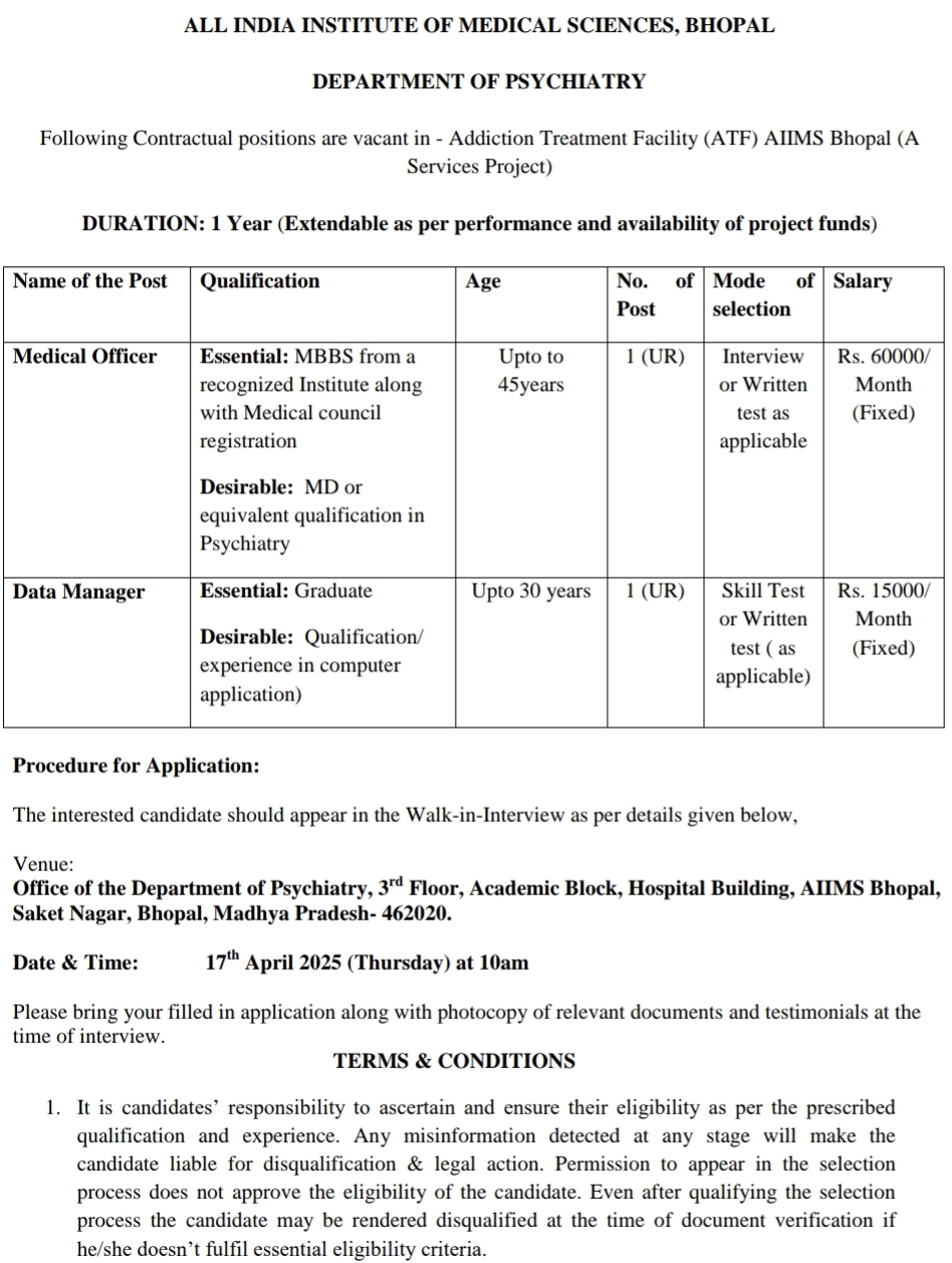 AIIMS Bhopal Walk-In-Interview 2025, 17th April