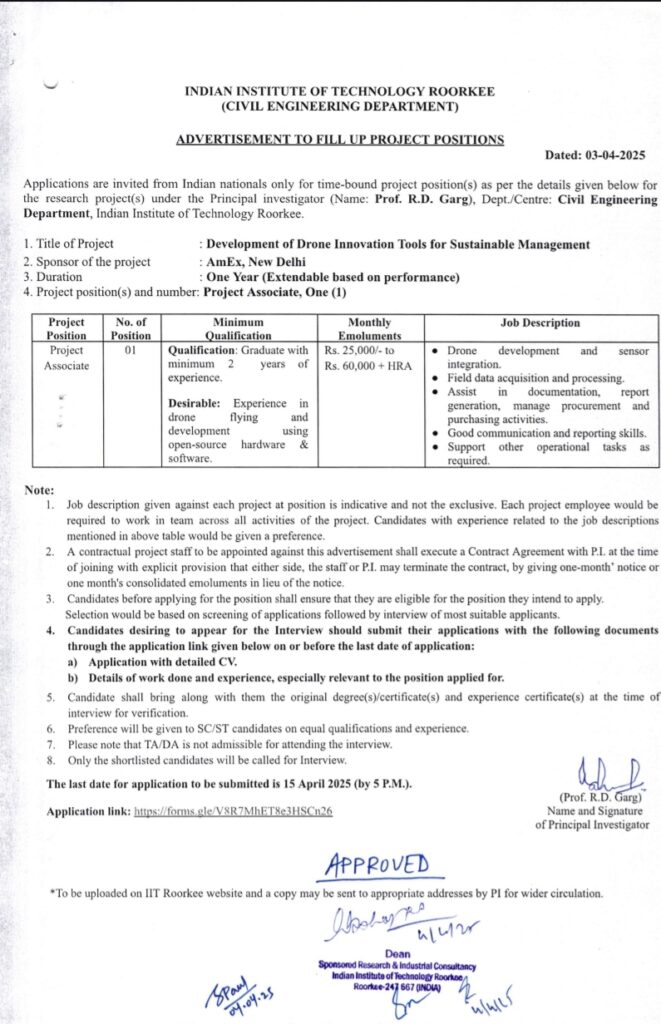 IIT Roorkee Recruitment 2025, Project Associate 15th April