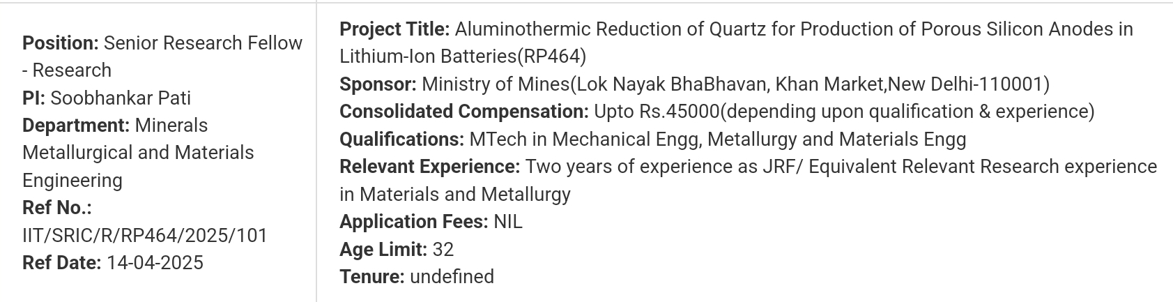 IIT Bhubaneswar SRF Recruitment 2025, 05th May