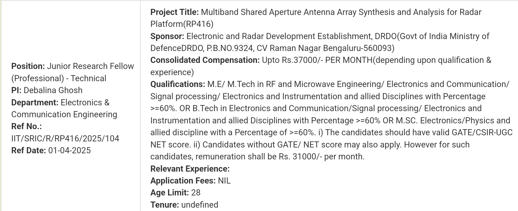IIT Bhubaneswar JRF Technical Recruitment 2025