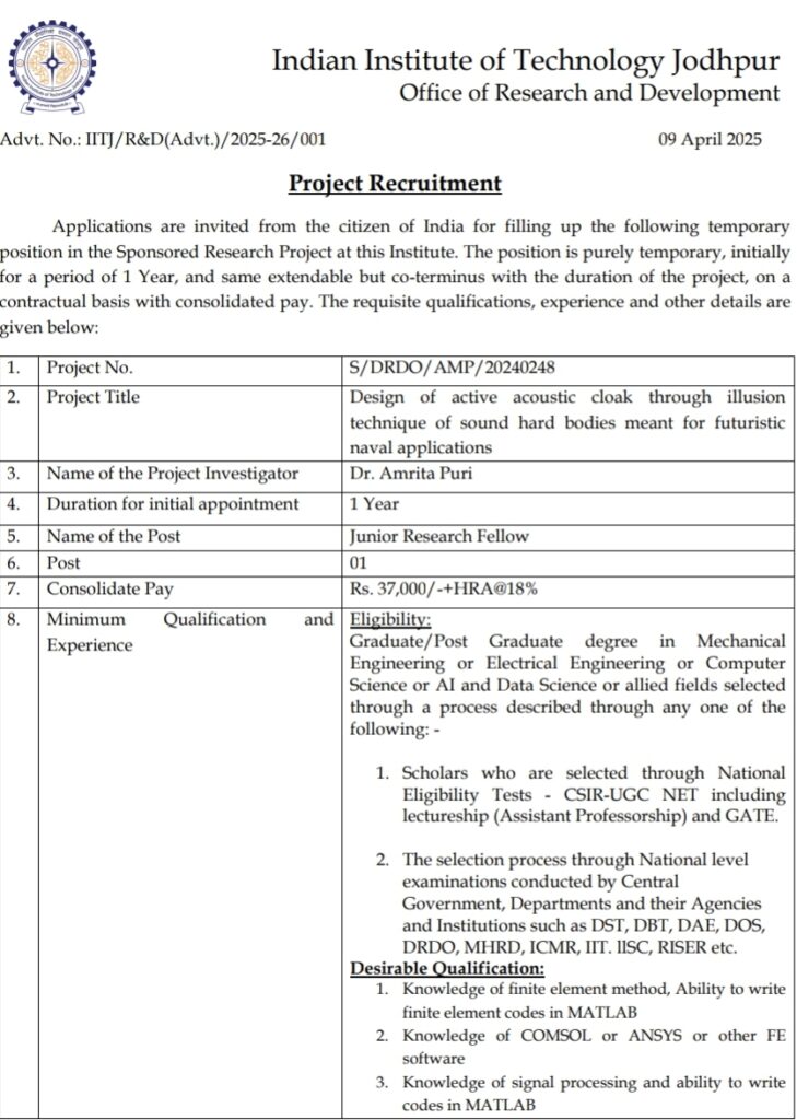 IIT Jodhpur JRF Recruitment 2025 23rd April