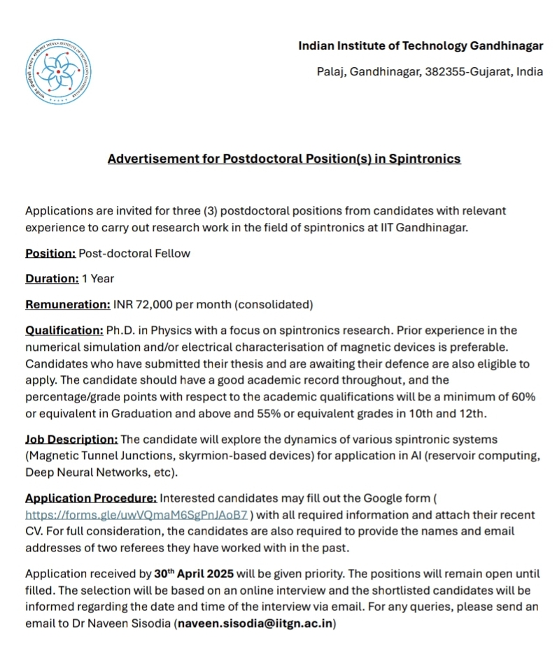 IIT Gandhinagar Recruitment 2025, 30th April