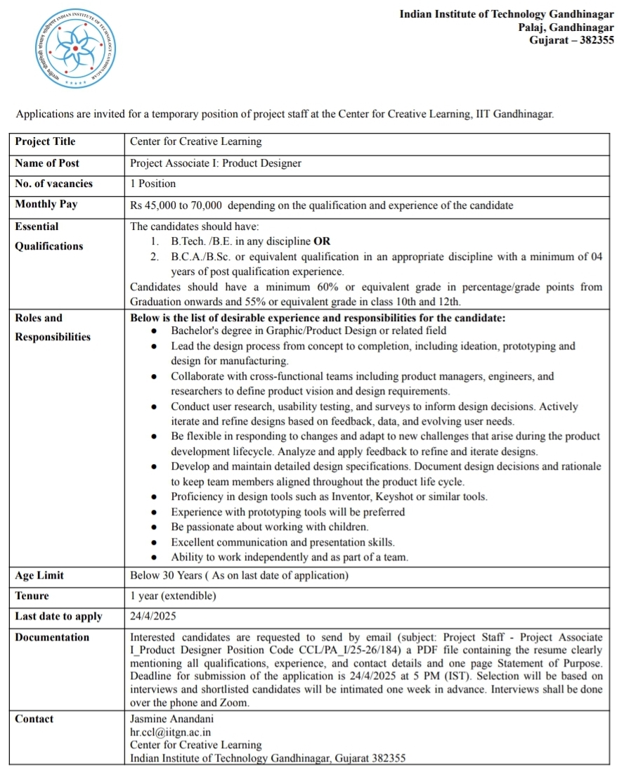 IIT Gandhinagar Project Associate-I Recruitment 2025, 24th April