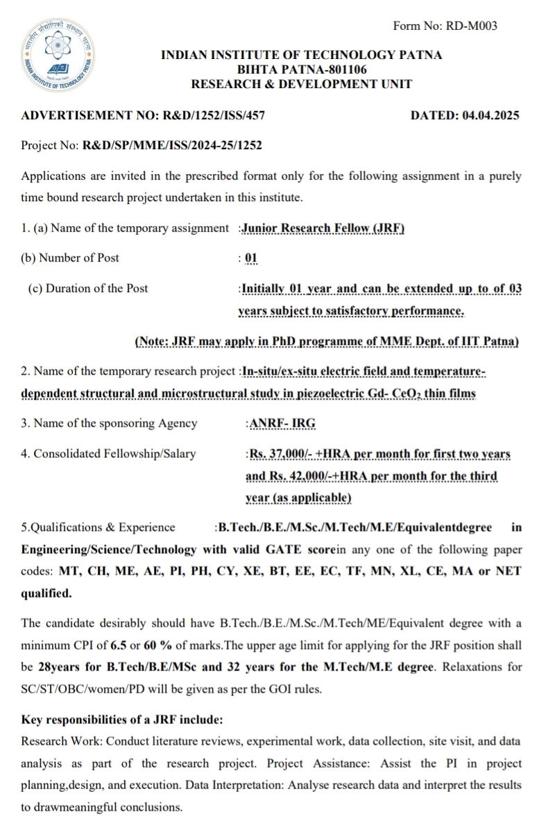 IIT Patna JRF Recruitment 2025, 25th April