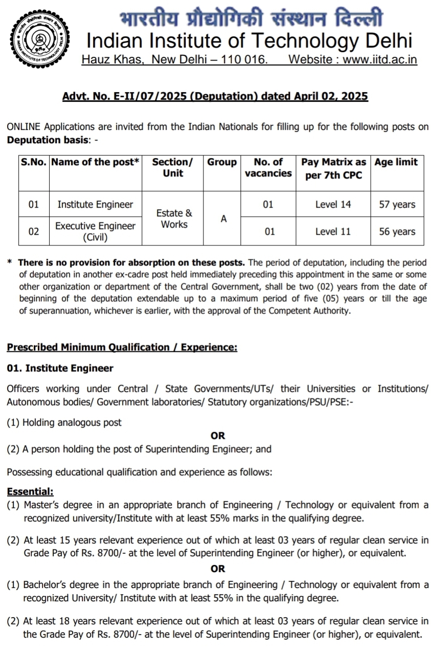 IIT Delhi Engineer Recruitment 2025, 01st May
