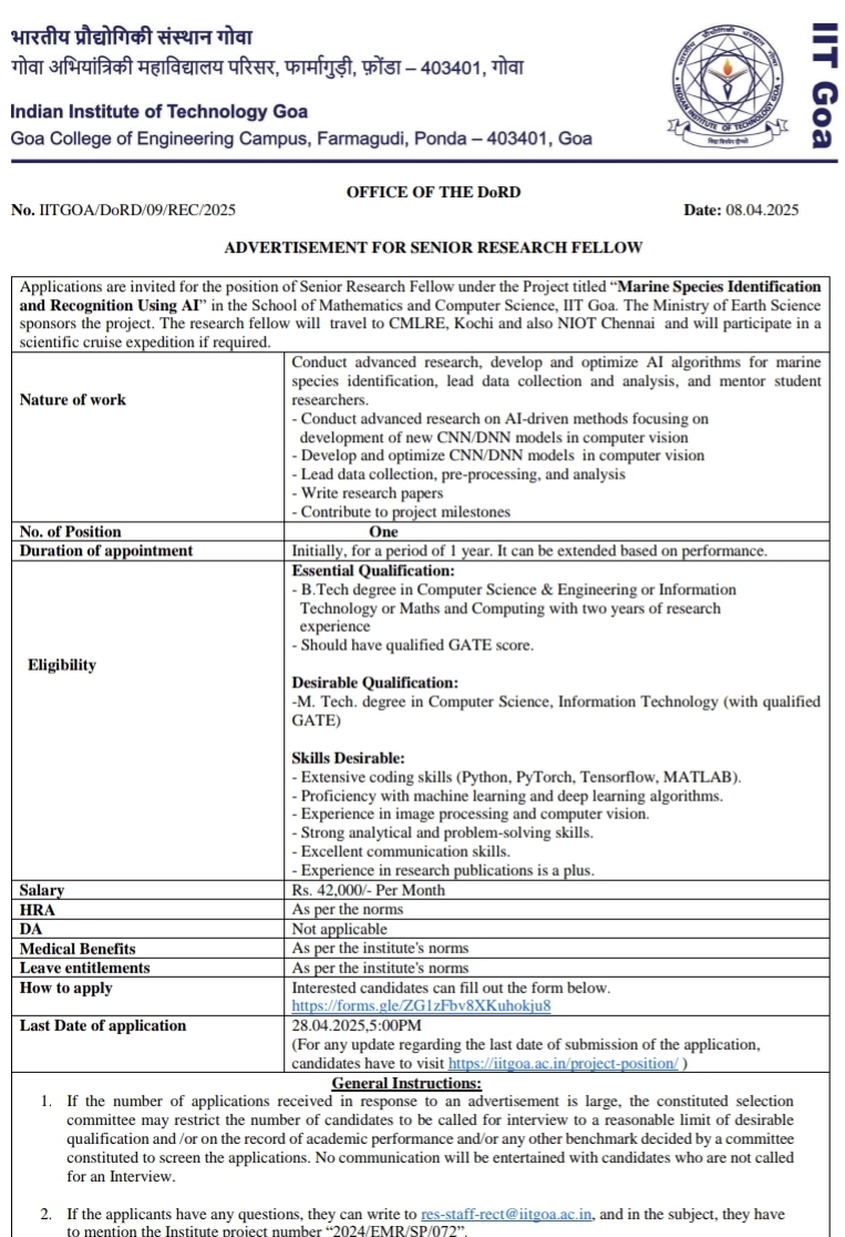 IIT Goa SRF Recruitment 2025, 28th April