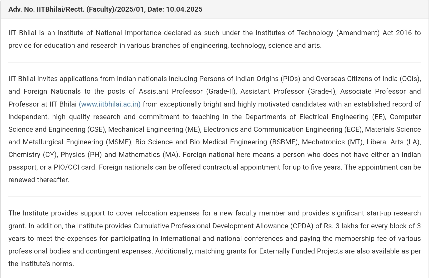 IIT Bhilai Faculty Recruitment 2025, 10th May