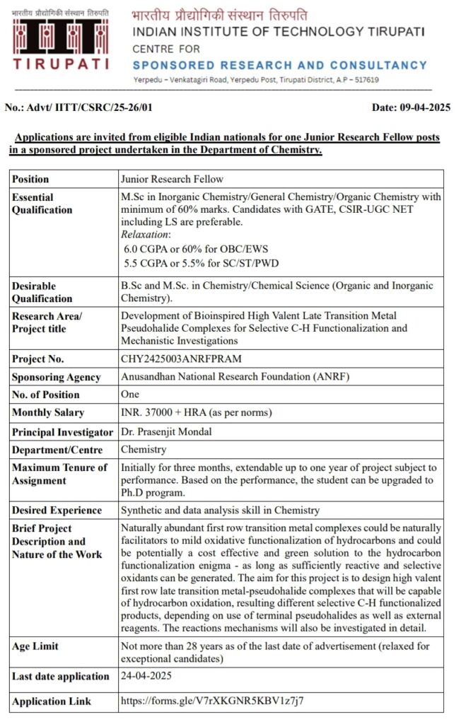 IIT Tirupati JRF Recruitment 2025 24th April