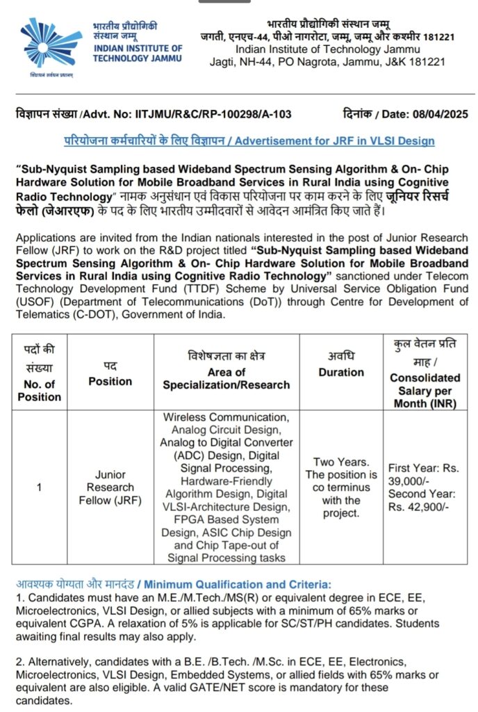 IIT Jammu JRF Recruitment 2025 30th April