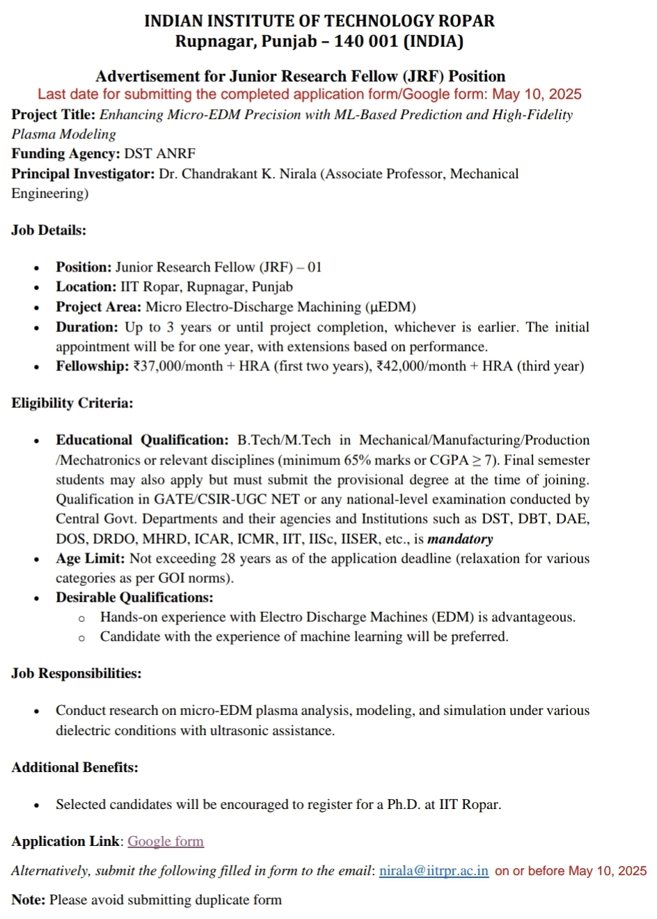 IIT Ropar JRF Recruitment 2025, 10th May