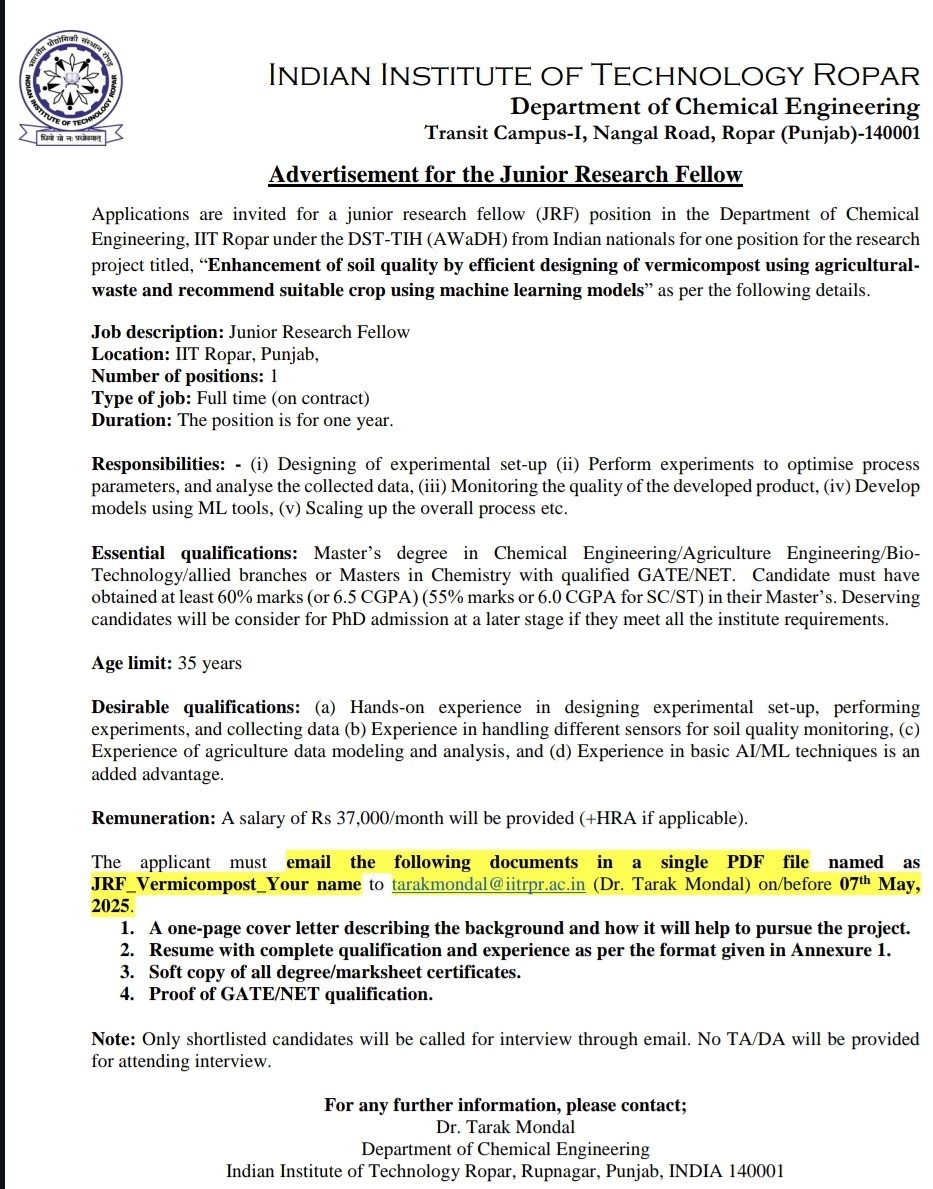 IIT Ropar JRF Recruitment 2025, 07th May