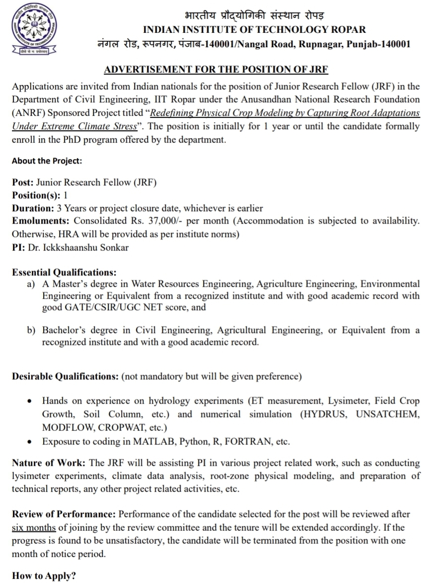IIT Ropar JRF Recruitment 2025, 15th May