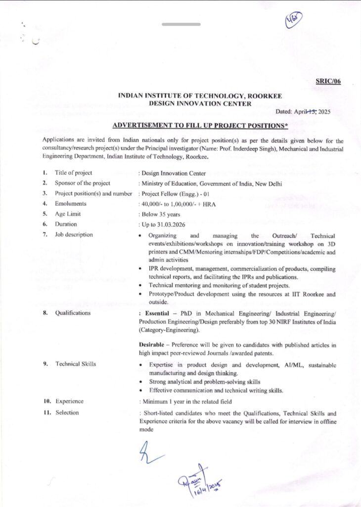 IIT Roorkee Project Fellow Recruitment 2025, 28th April 