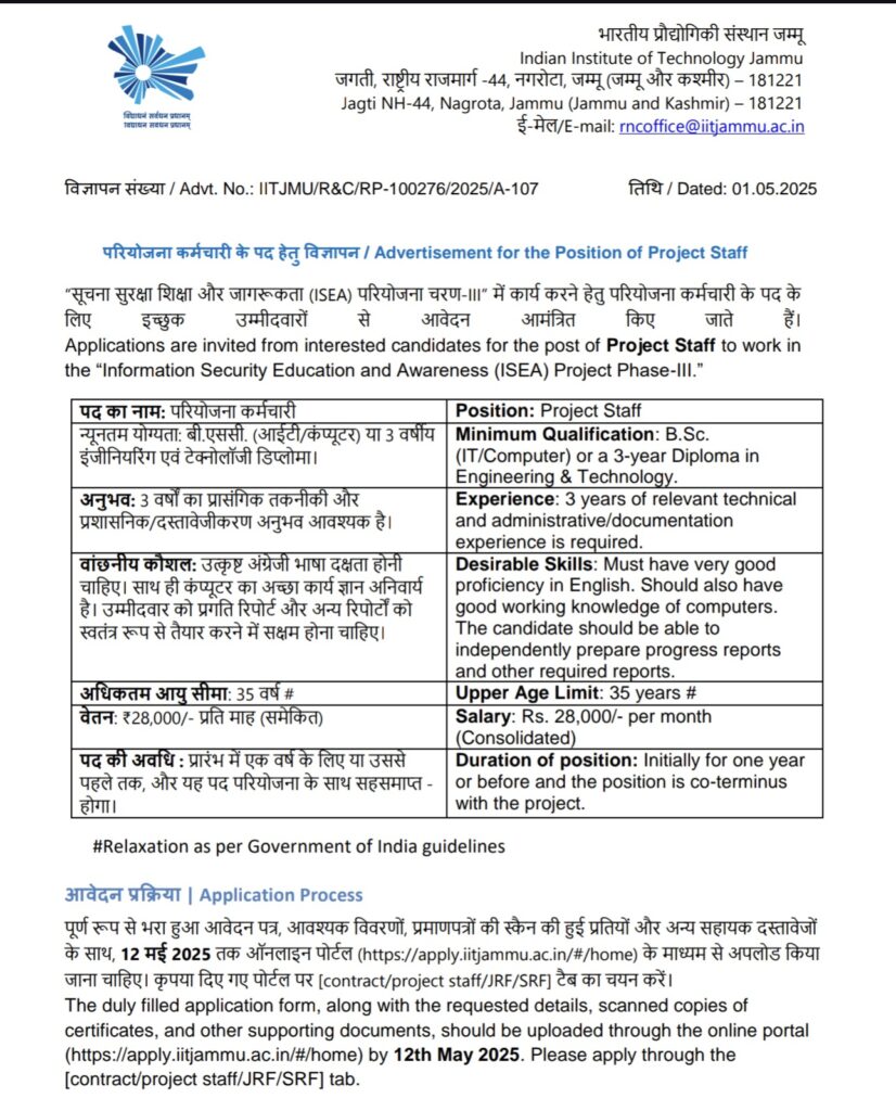IIT Jammu Project Staff Recruitment 2025 12th May